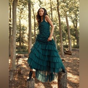 MAC DUGGAL
Square-Neck Ruffled Tiered Tulle Tea- Length Dress